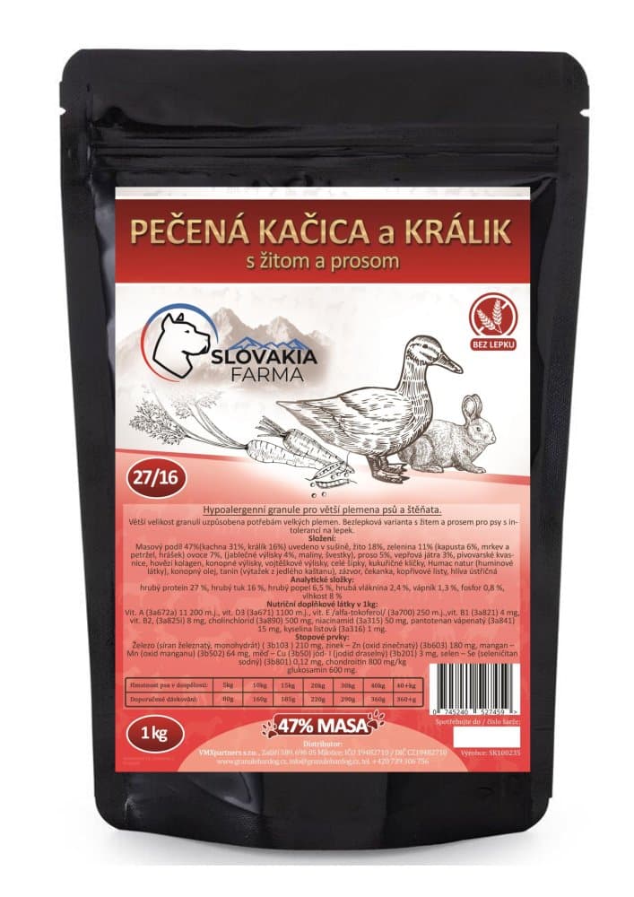 Hypoalergenní Granule Slovakia Farma - Pečená kačica a králik s žitom a prosom 27/16 -