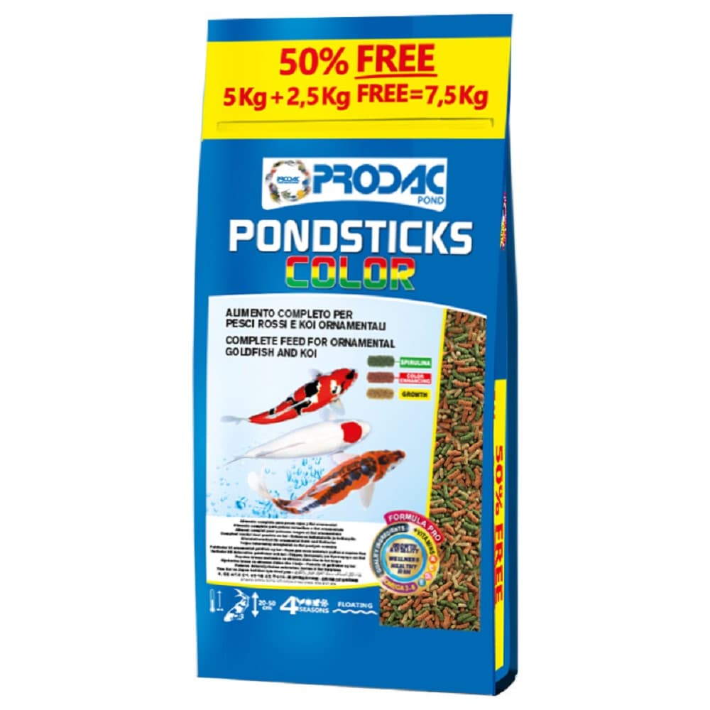 Základní krmivo pro okrasné rybičky Prodac Pondsticks Color 5kg + 50% free