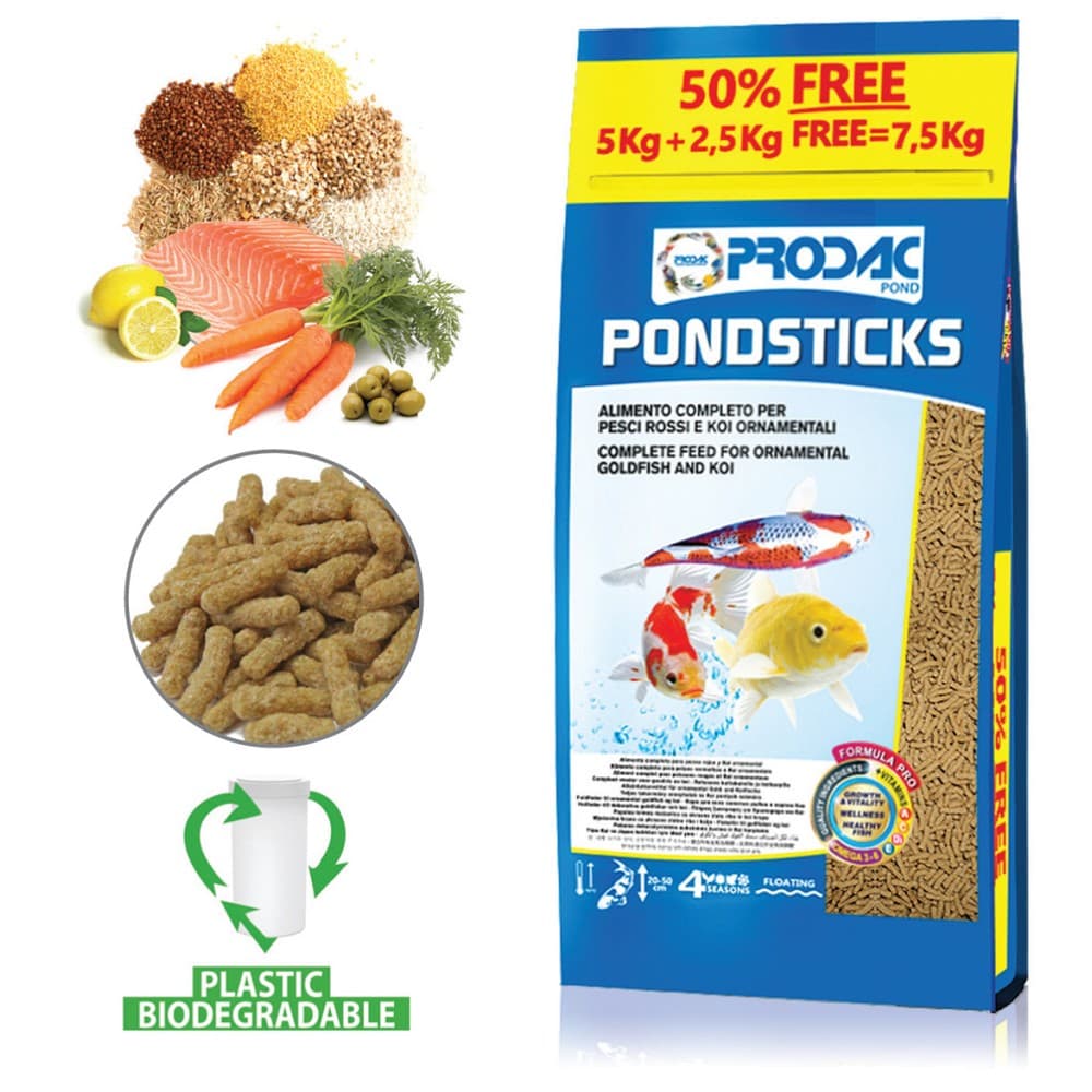 Krmivo pro středně velké a velké okrasné ryby Prodac Pondsticks 5kg + 50% free